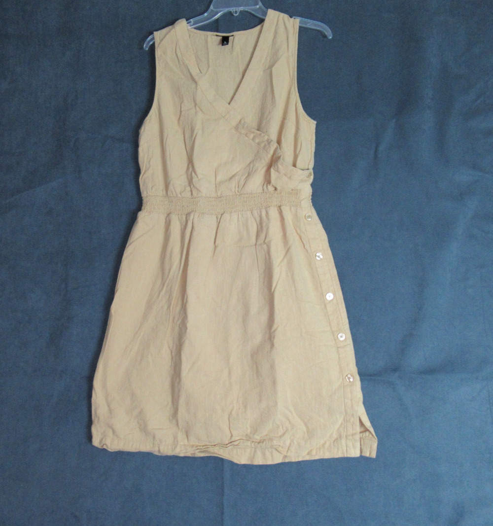 Mossimo Dress Womens Large Tan Sleeveless Midi Faux Wrap Linen Secretary Summer